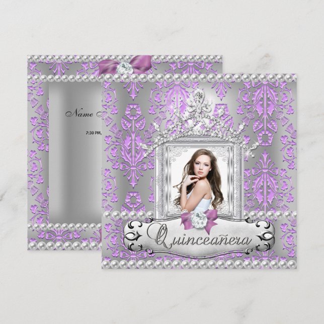 Quinceanera 15th Birthday Party Damask Lilac Pearl Invitation (Front/Back)