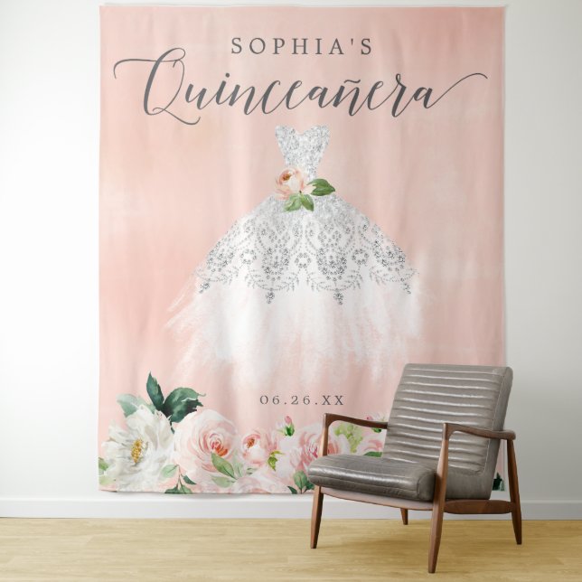 Quinceanera 15th Birthday Party Decor Backdrop Tapestry (In Situ)