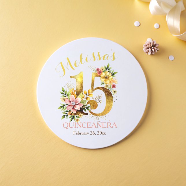 Quinceañera 15th Birthday Party Floral gold Classic Round Sticker (Creator Uploaded)