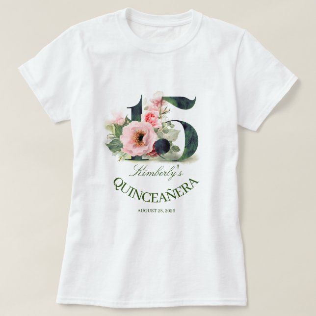 Quinceanera 15th Birthday Party Floral T-Shirt (Design Front)