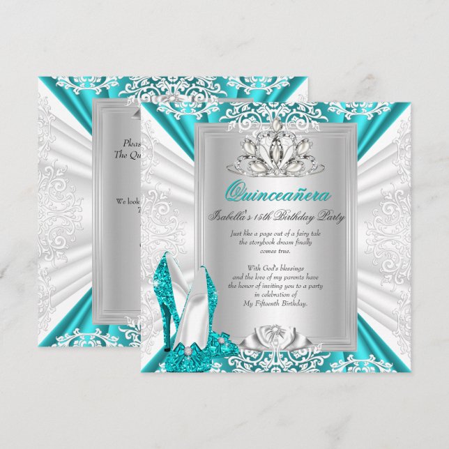 Quinceanera 15th Birthday Party Glitter Blue Heels Invitation (Front/Back)