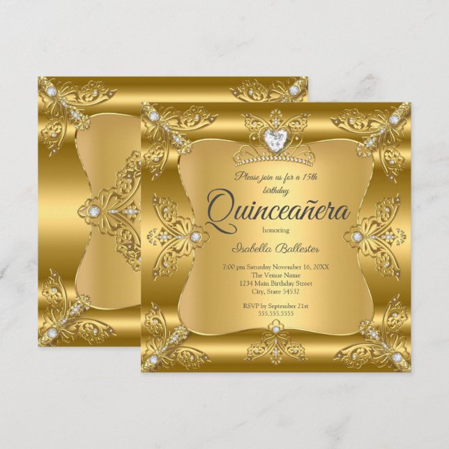 Quinceanera 15th Birthday Party Gold Diamond Tiara Invitation (Front/Back)