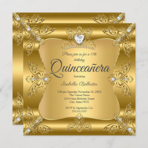 Quinceanera 15th Birthday Party Gold Diamond Tiara Invitation