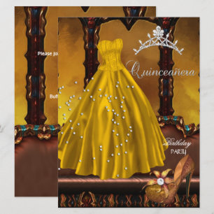 Quinceanera 15th Birthday Party Gold Dress Invitation
