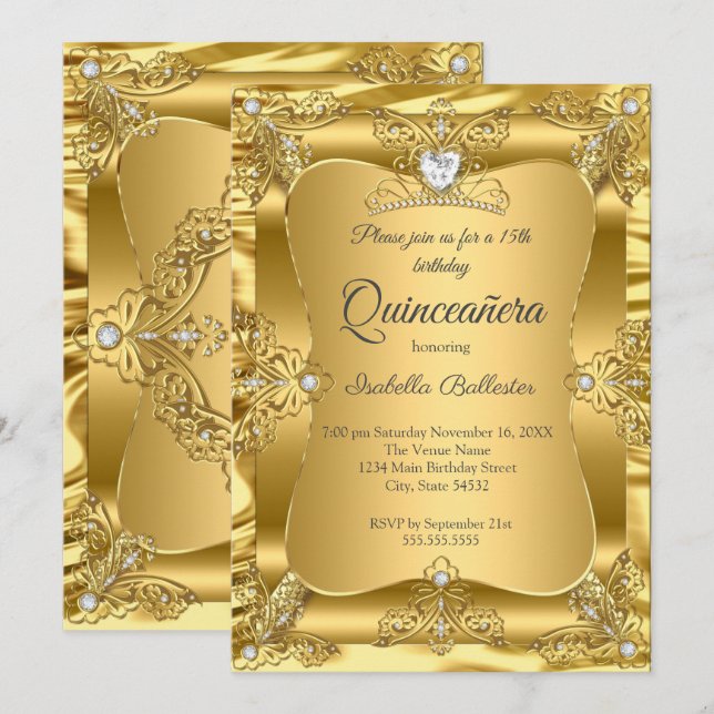 Quinceanera 15th Birthday Party Gold Gems Tiara Invitation (Front/Back)