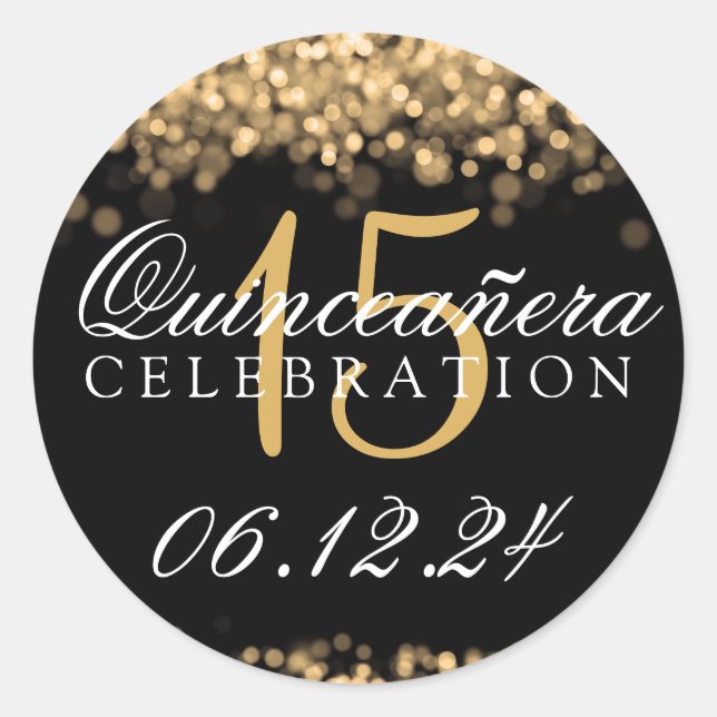 Quinceanera 15th Birthday Party Gold Lights Classic Round Sticker (Front)