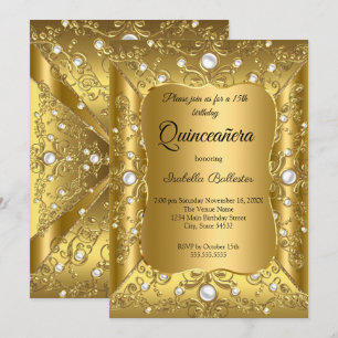 Quinceanera 15th Birthday Party Gold Pearl Jewel Invitation