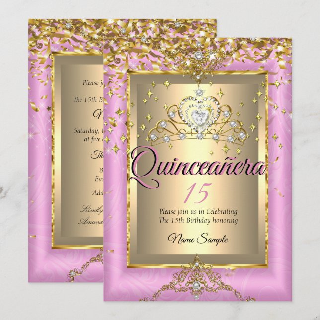 Quinceanera 15th Birthday Party Gold Pink Invitation (Front/Back)