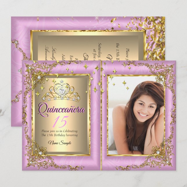 Quinceanera 15th Birthday Party Gold Pink Photo Invitation (Front/Back)
