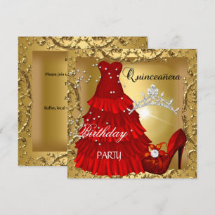 quinceanera 15th Birthday Party Gold Red Dress Invitation
