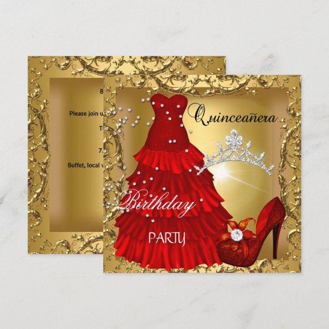 quinceanera 15th Birthday Party Gold Red Dress Invitation (Front/Back)