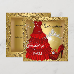 quinceanera 15th Birthday Party Gold Red Dress Invitation