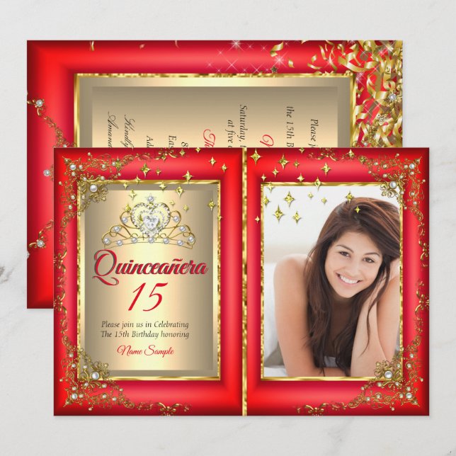 Quinceanera 15th Birthday Party Gold Red Photo Invitation (Front/Back)