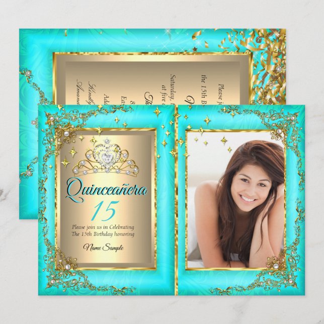Quinceanera 15th Birthday Party Gold Teal Photo Invitation (Front/Back)