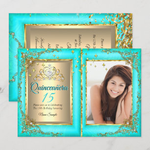 Quinceanera 15th Birthday Party Gold Teal Photo Invitation
