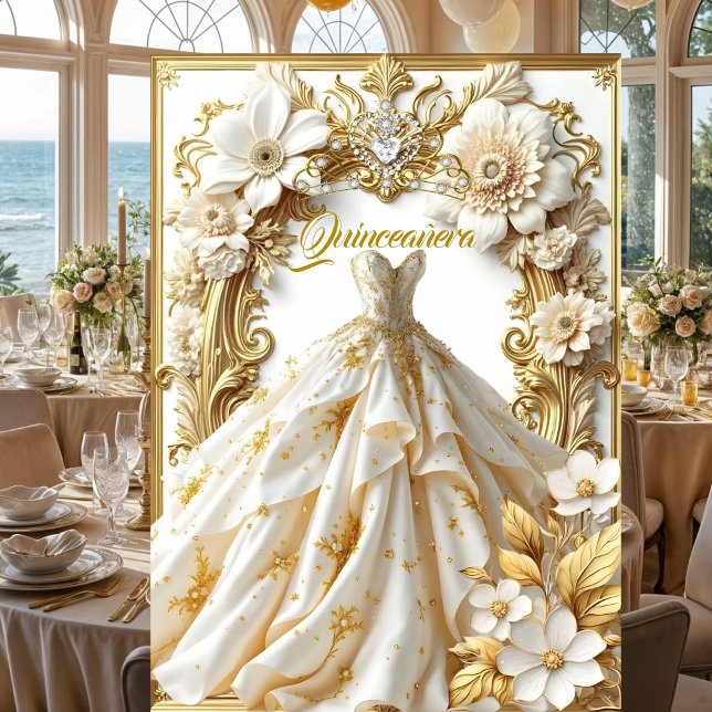 Quinceanera 15th Birthday Party Gold White Gown Invitation (Creator Uploaded)
