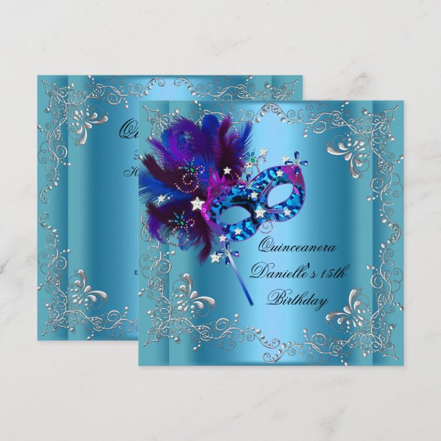 Quinceanera 15th Birthday Party Masquerade Blue Invitation (Front/Back)