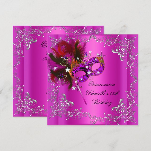 Quinceanera 15th Birthday Party Masquerade Pink Invitation (Front/Back)