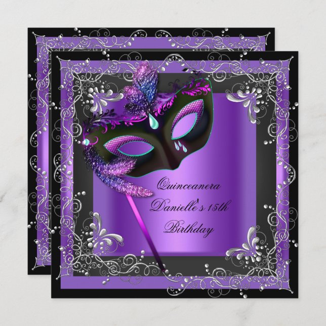 Quinceanera 15th Birthday Party Masquerade Purple Invitation (Front/Back)