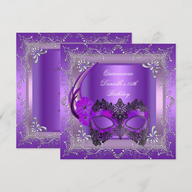 Quinceanera 15th Birthday Party Masquerade Purple Invitation (Front/Back)