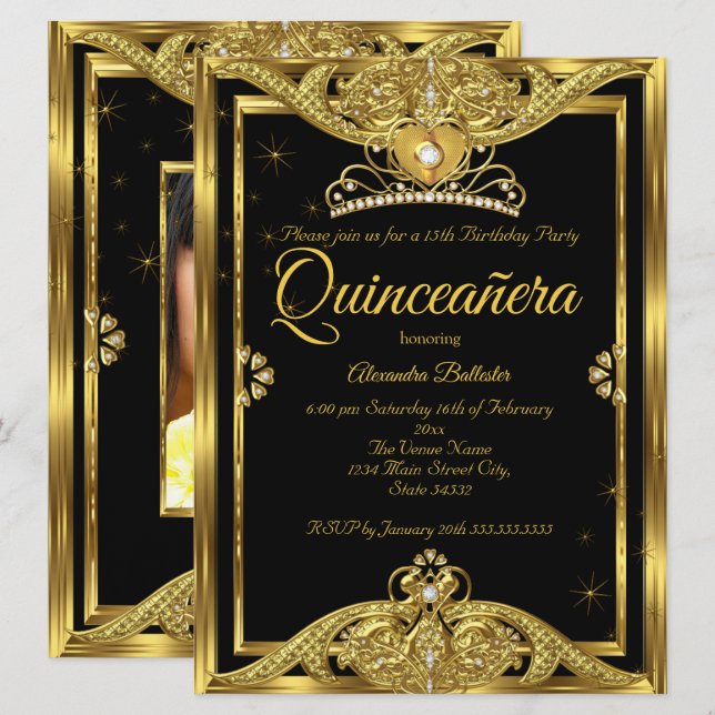 Quinceanera 15th Birthday Party Photo Gold Black Invitation (Front/Back)