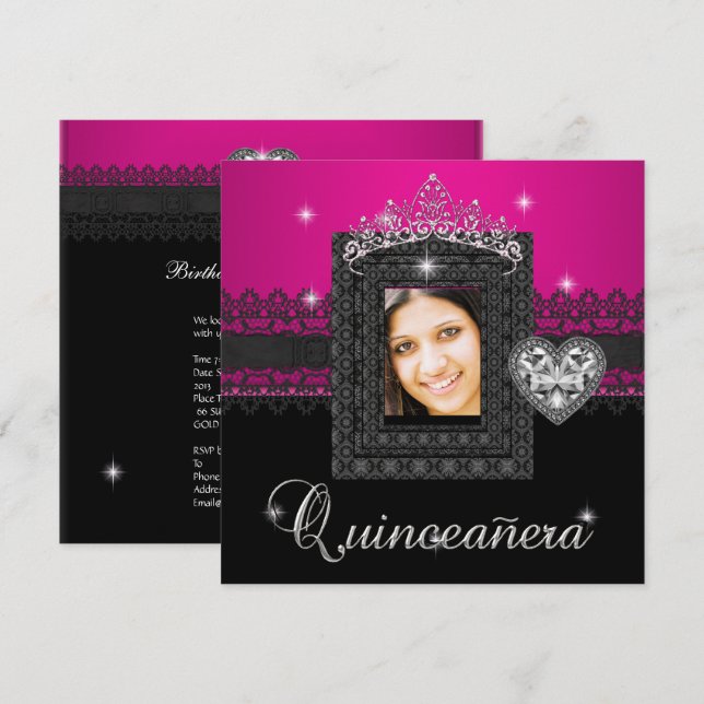 Quinceanera 15th Birthday Party Pink Black Lace 3 Invitation (Front/Back)