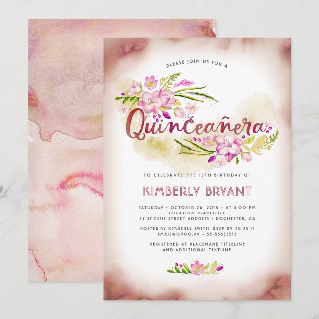 Quinceanera 15th Birthday Party Pink Floral Invitation (Front/Back)