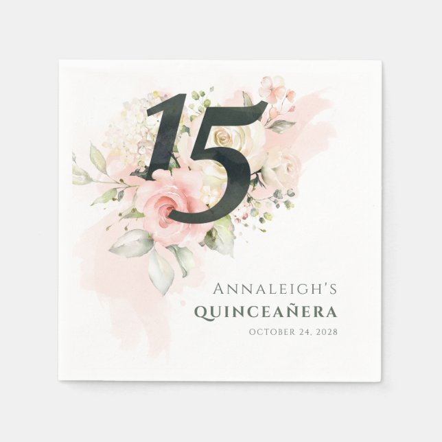 Quinceanera 15th Birthday Party Pink Floral Napkin (Front)
