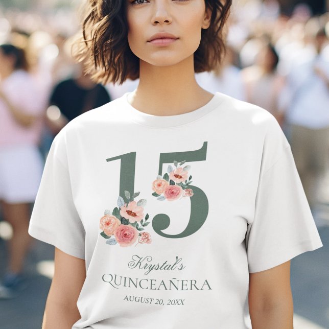Quinceanera 15th Birthday Party Pink Floral  T-Shirt (Creator Uploaded)