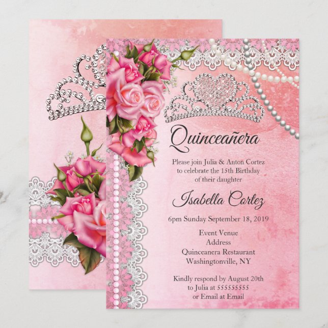 Quinceanera 15th Birthday Party Pink Roses Tiara Invitation (Front/Back)