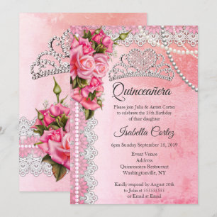 Quinceanera 15th Birthday Party Pink Roses Tiara Invitation