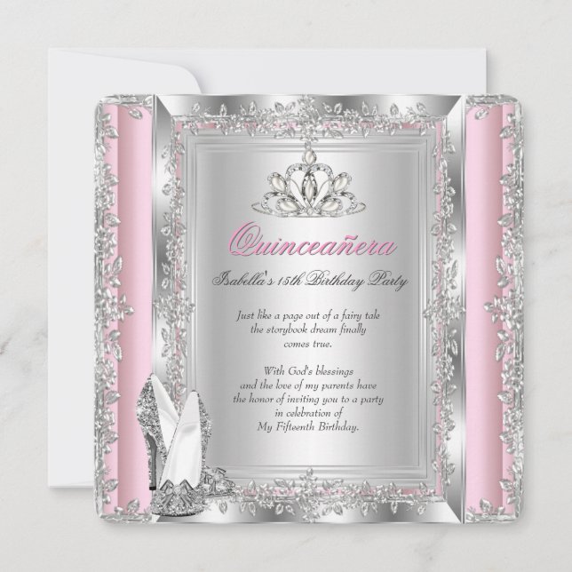 Quinceanera 15th Birthday Party Pink Silver Shoes Invitation (Front)