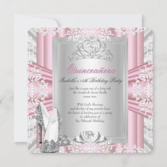 Quinceanera 15th Birthday Party Pink Silver Tiara Invitation (Front)