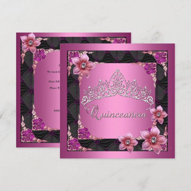 Quinceanera 15th Birthday Party Pink Tiara Black Invitation (Front/Back)