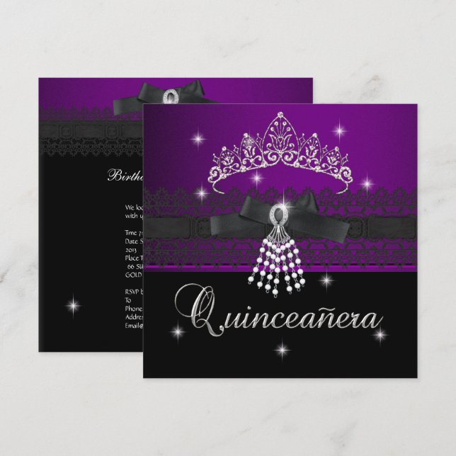 Quinceanera 15th Birthday Party Purple Black Invitation (Front/Back)