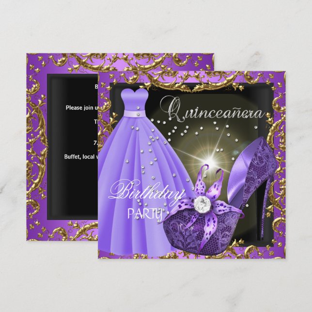 quinceanera 15th Birthday Party Purple Dress Gown Invitation (Front/Back)