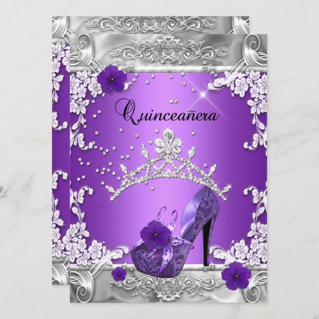 Quinceanera 15th Birthday Party Purple Silver Invitation (Front/Back)