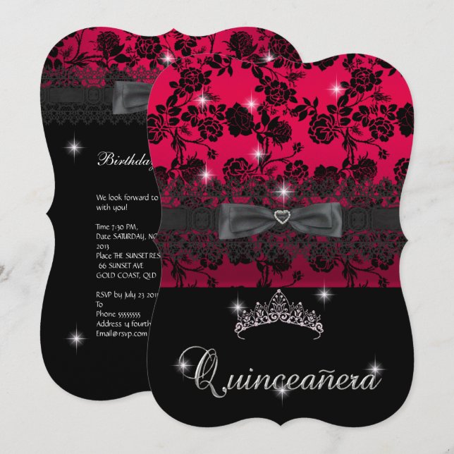 Quinceanera 15th Birthday Party Red Black Lace Invitation (Front/Back)