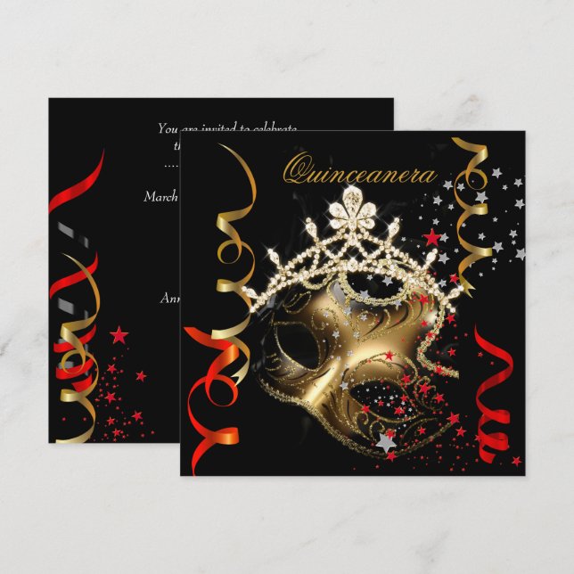 Quinceanera 15th Birthday Party Red Black Mask 2 Invitation (Front/Back)
