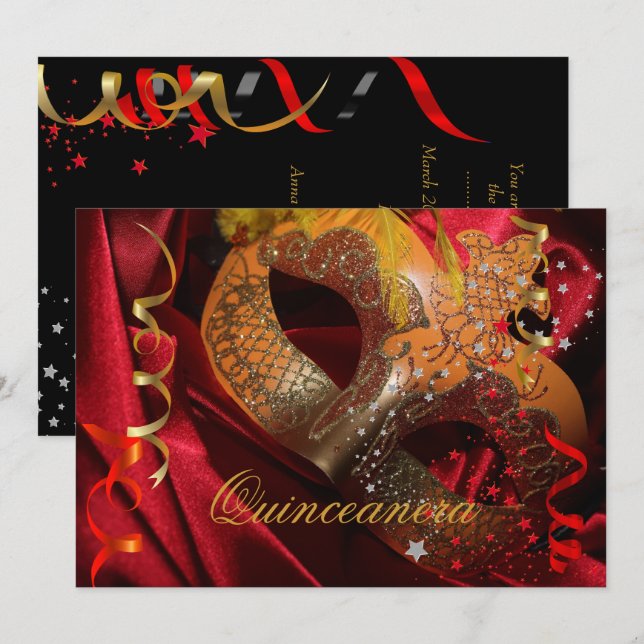 Quinceanera 15th Birthday Party Red Black Mask 3 Invitation (Front/Back)