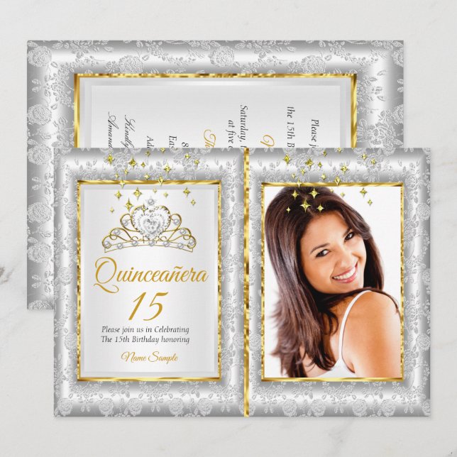 Quinceanera 15th Birthday Party Silver Gold Photo Invitation (Front/Back)