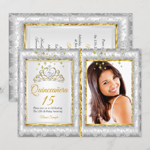 Quinceanera 15th Birthday Party Silver Gold Photo Invitation