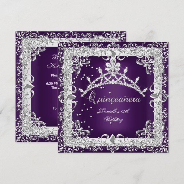 Quinceanera 15th Birthday Party Silver Purple Invitation (Front/Back)