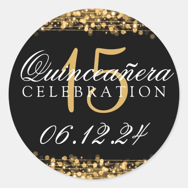 Quinceanera 15th Birthday Party Sparkles Gold Classic Round Sticker (Front)
