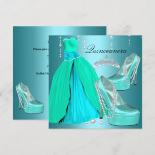 Quinceanera 15th  Birthday Party Teal Blue Dress Invitation