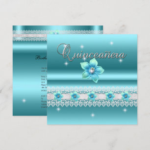 Quinceanera 15th Birthday Party Teal Blue Floral Invitation