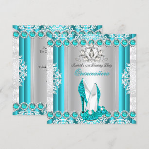 Quinceanera 15th Birthday Party Teal Blue Heels 2 Invitation