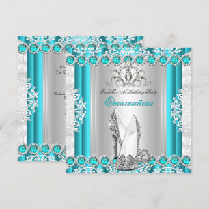 Quinceanera 15th Birthday Party Teal Blue Heels Invitation