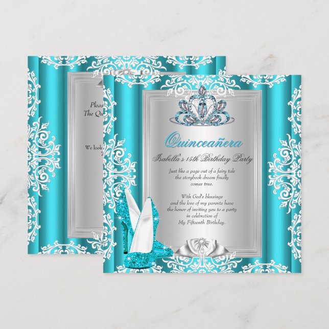 Quinceanera 15th Birthday Party Teal Blue Heels Invitation (Front/Back)
