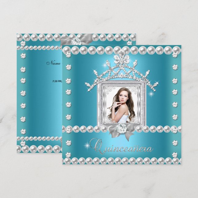 Quinceanera 15th Birthday Party Teal Blue Invitation (Front/Back)